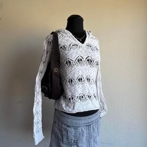 Arizona Jean Co white open weave lace knit hooded sweater boho cottagecore beach